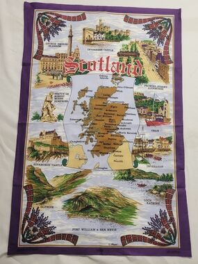 Vintage Scotland Souvenir Tea Towel Map Cotton Purple Border Made in Britain